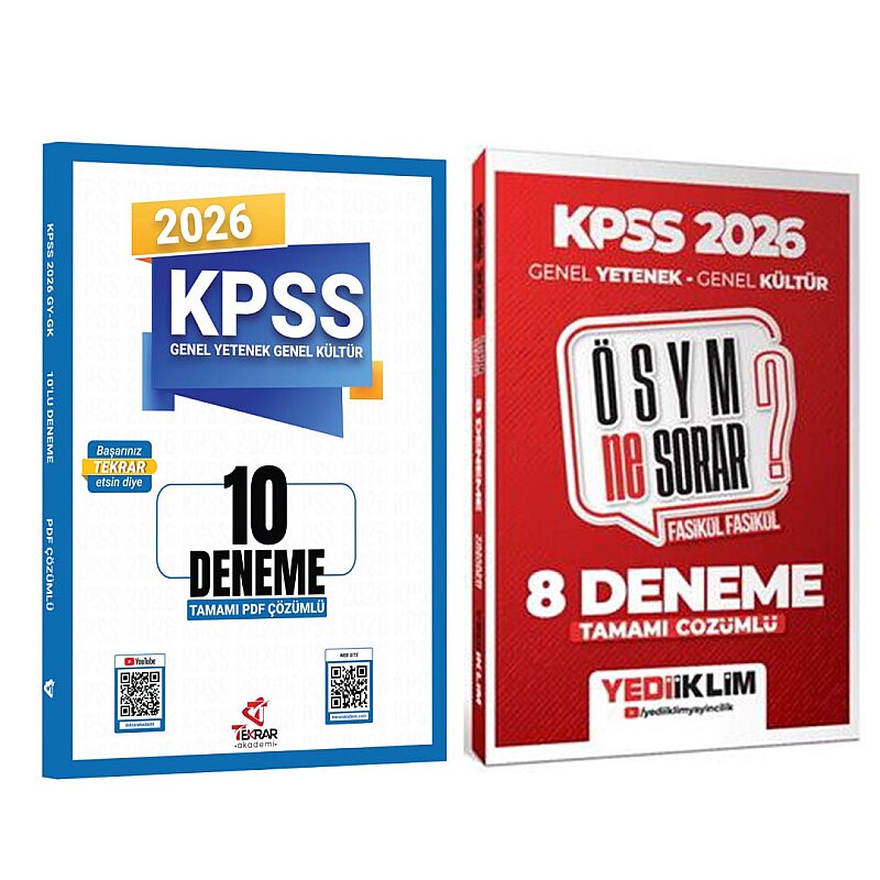2026 KPSS Genel Yetenek Genel Kültür - 8 Deneme (Yediiklim) + 10 Deneme (Tekrar Akademi) - 